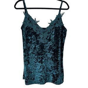 Y2K Crushed Velvet Spaghetti Strap Floral Lace Deep Teal / Dark Green Cami Small